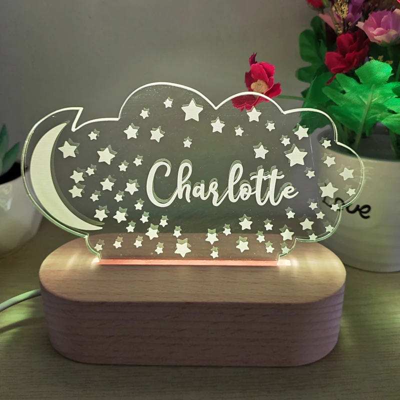 

Custom Name Acrylic Night Lamp Kids Personalized Star Shape 7 Color Wood Base Nursery Decor Personal Gift Lights