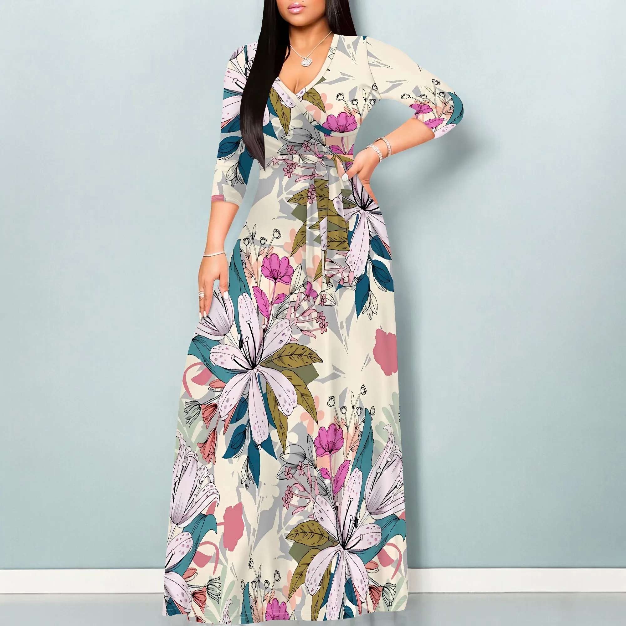 

V-Neck Tie Waist Maxi Dress with Large Lily Print Long Sleeve Floral Casual Outfit