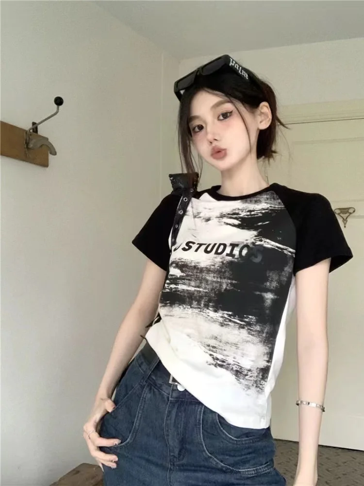 High-End European Style Women's T-Shirt Short Design Dyed Short Sleeve Correct Shoulder Summer Top from Guangzhou Guangdong