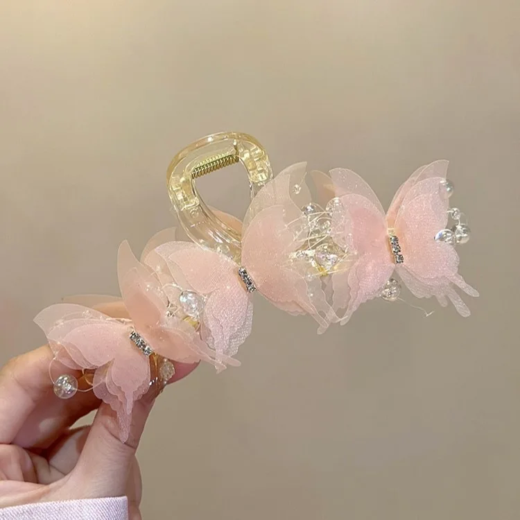 Hellblauer/rosa transparenter Schmetterlingsklauenclip | Pearl Rhinestone Fairycore Haargreifer | Eleganter romantischer Haarschmuck – Detail 3