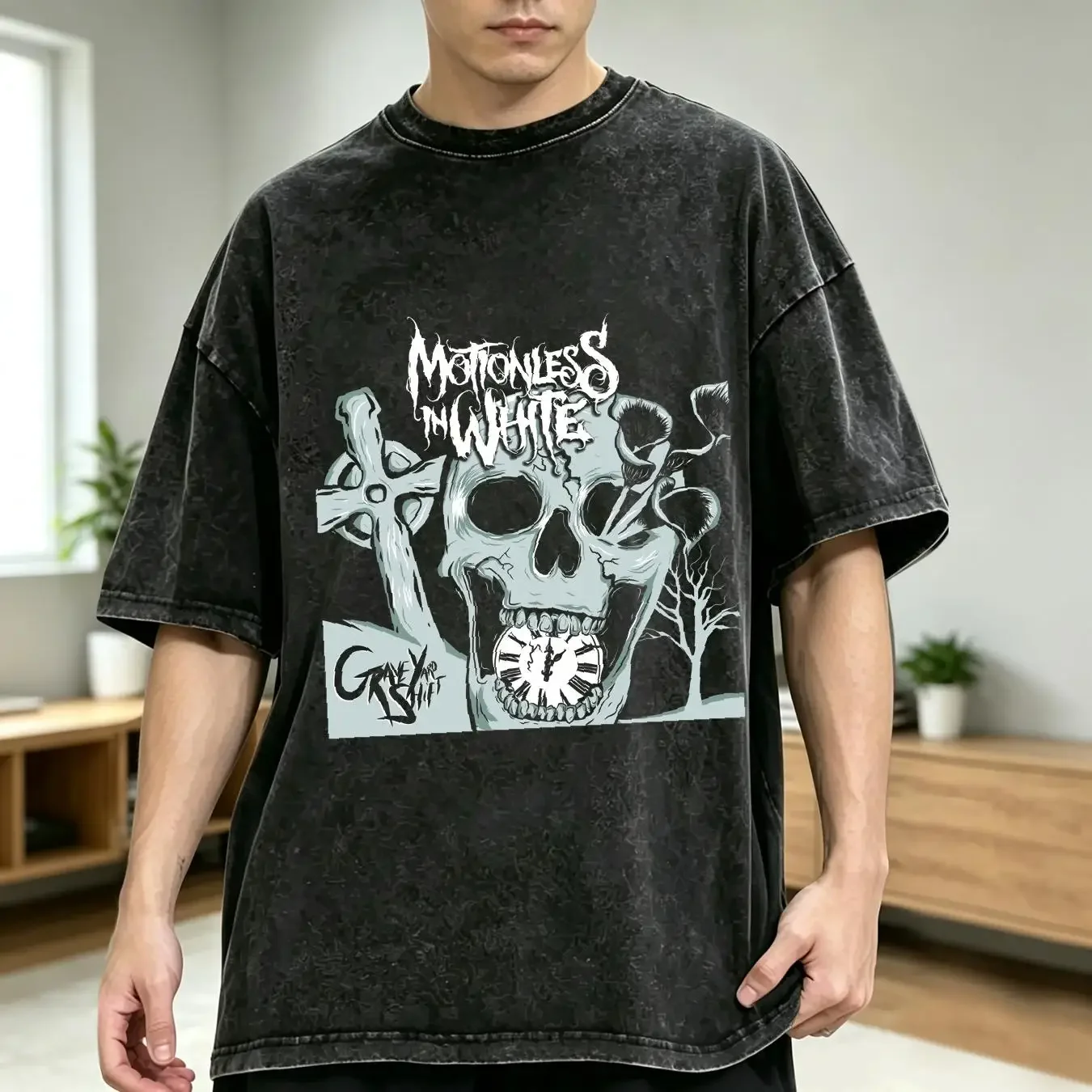 washed T Shirt New Rare Motionless in white poster For Fans Men S 5XL 1HN167 long or short sleeves vintage Washed Breathable