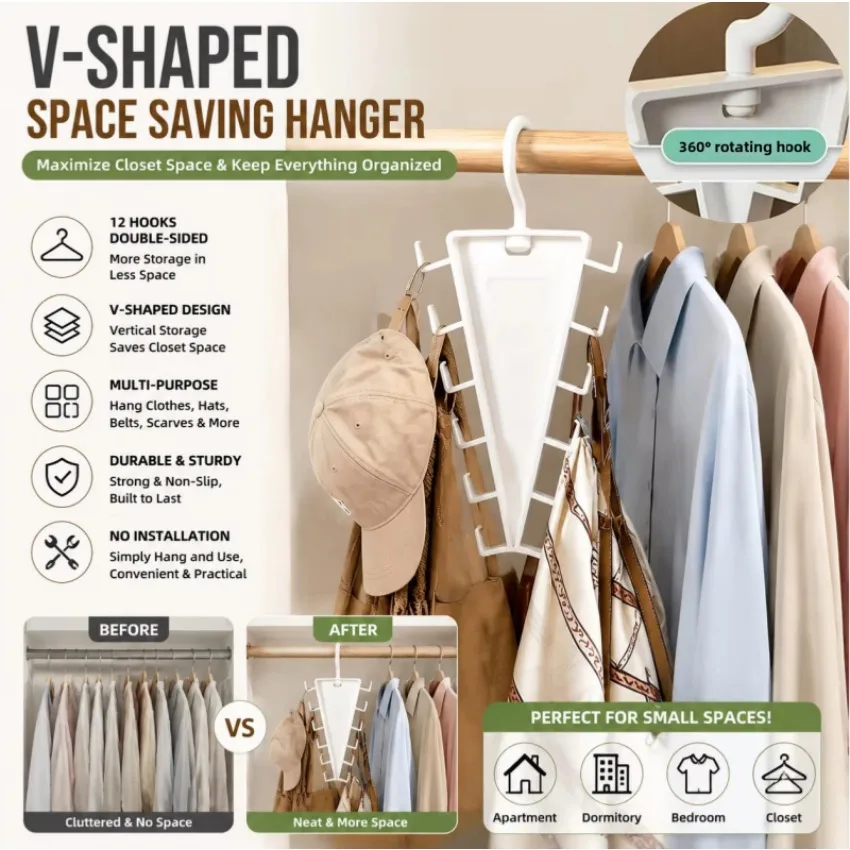 1-8 Stück 12 Haken V-förmiger Kleiderbügel-Organizer Platzsparender Schrank-Organizer Aufbewahrungsregal 360 °   Drehbarer Haken für Kleidung, Gürtel, Hut, Schal