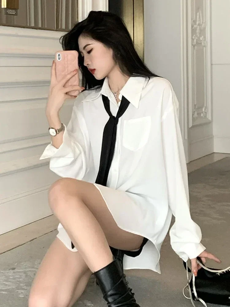 2025 moda solta gravata camisa branca feminina casual coreano blusa de manga longa primavera nova feminina todos os jogos turn down collar chiques topos