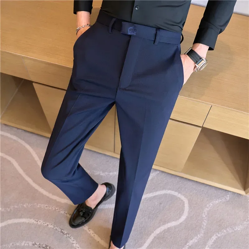 Men's Casual Trousers, High-Grade Embroidered Trousers, Navy Blue Business Casual Ankle-Length Pants, Luxury Genuine