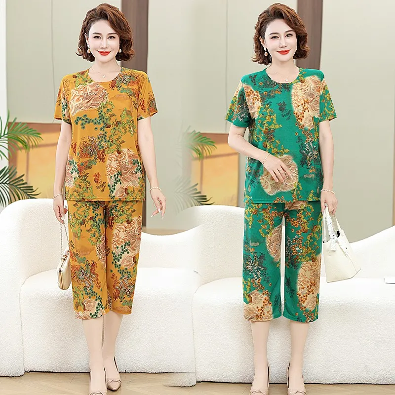 

Middle-aged and Elderly Women Summer Short Sleeve Floral Print Loose T-shirt Top Wide-leg Pant 2PCS Set Mother suit