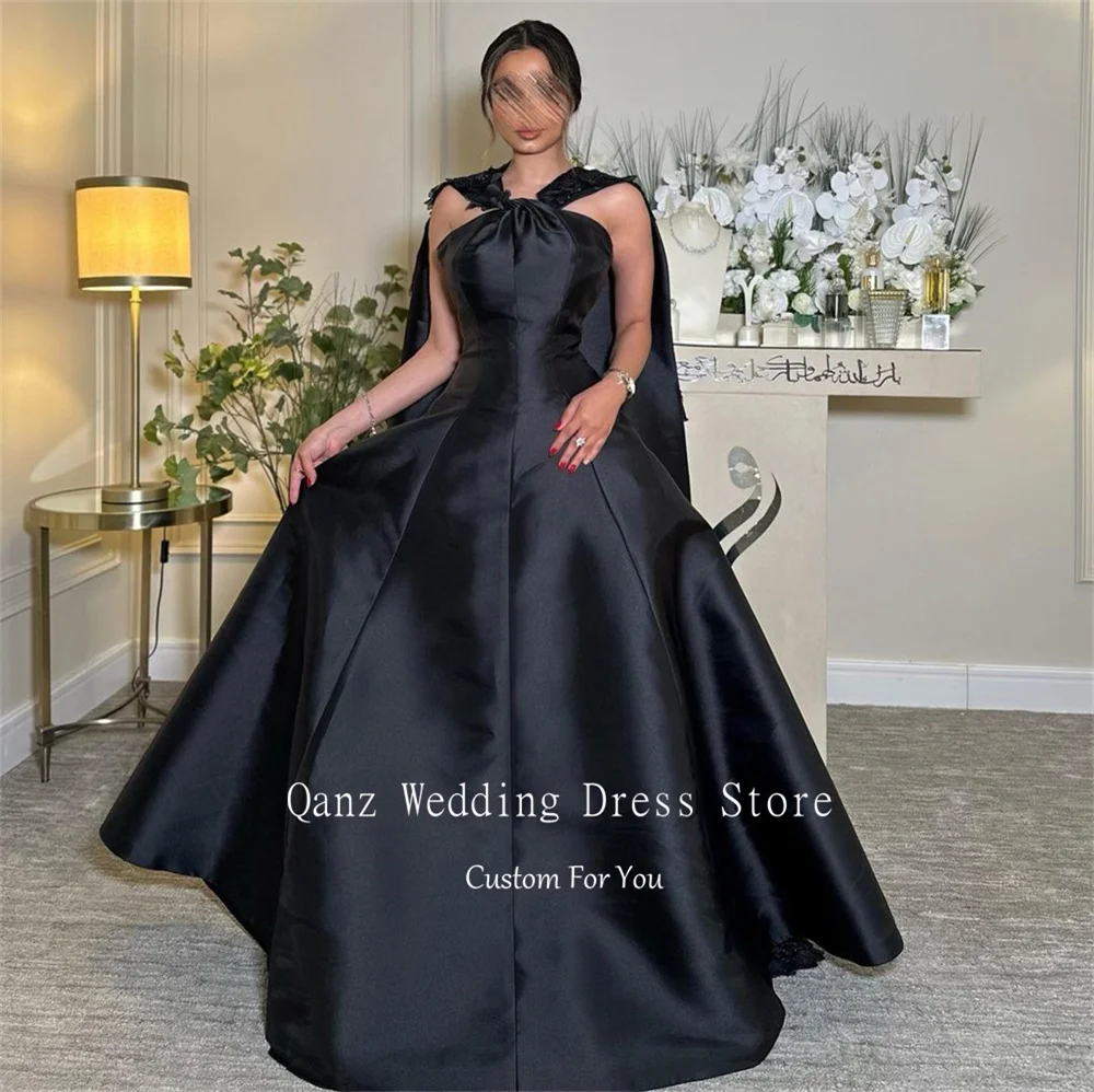 Qanz-longos vestidos de noite com flores e cristais, tecido árabe saudita, vestidos de cetim vintage Prom, Halter Cape, preto, 2024