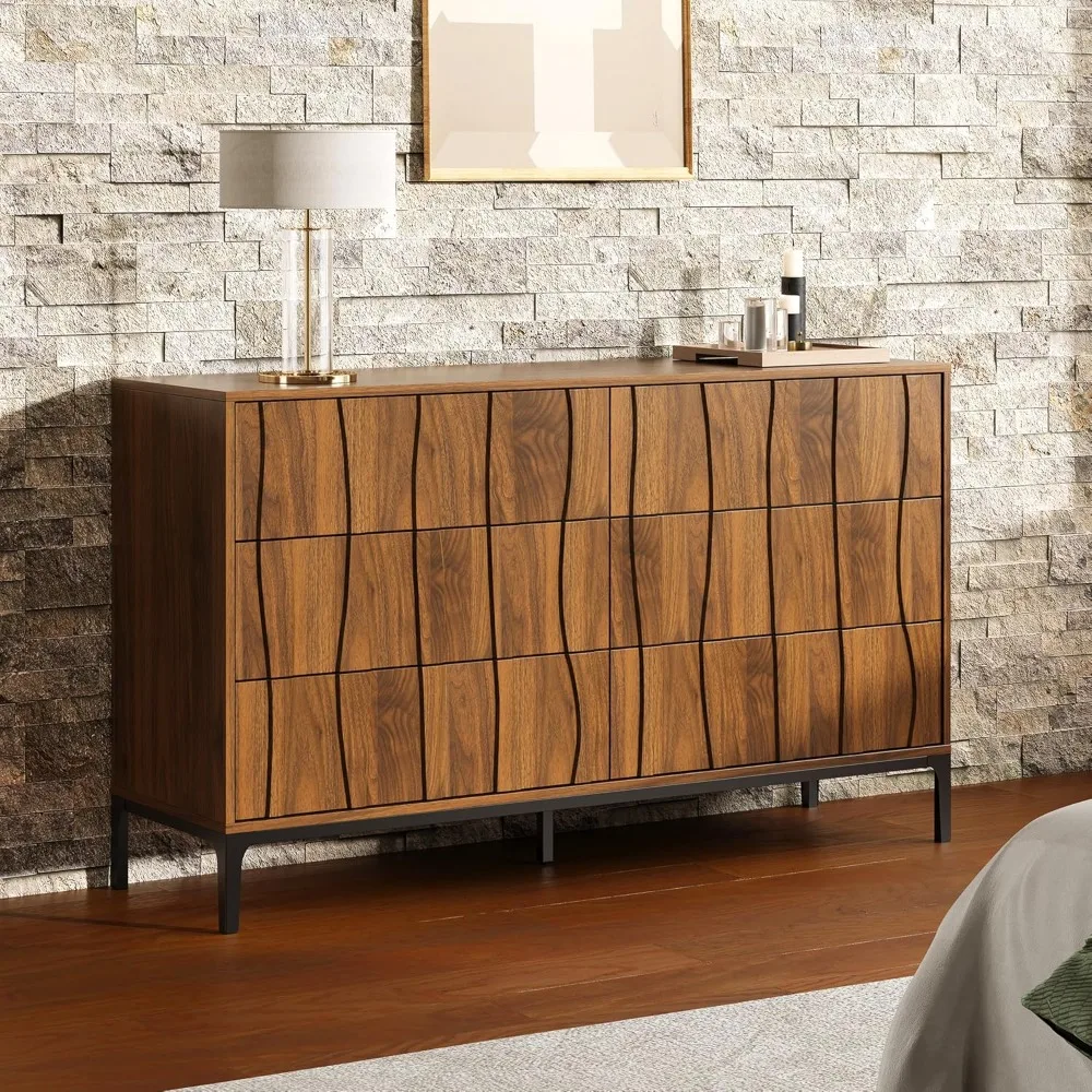 Mid-Century Modern 6 Drawer Dresser, 54” Walnut Finish Wave Front Dresser with Push-to-Open Drawers, Handle-Free Bedroom