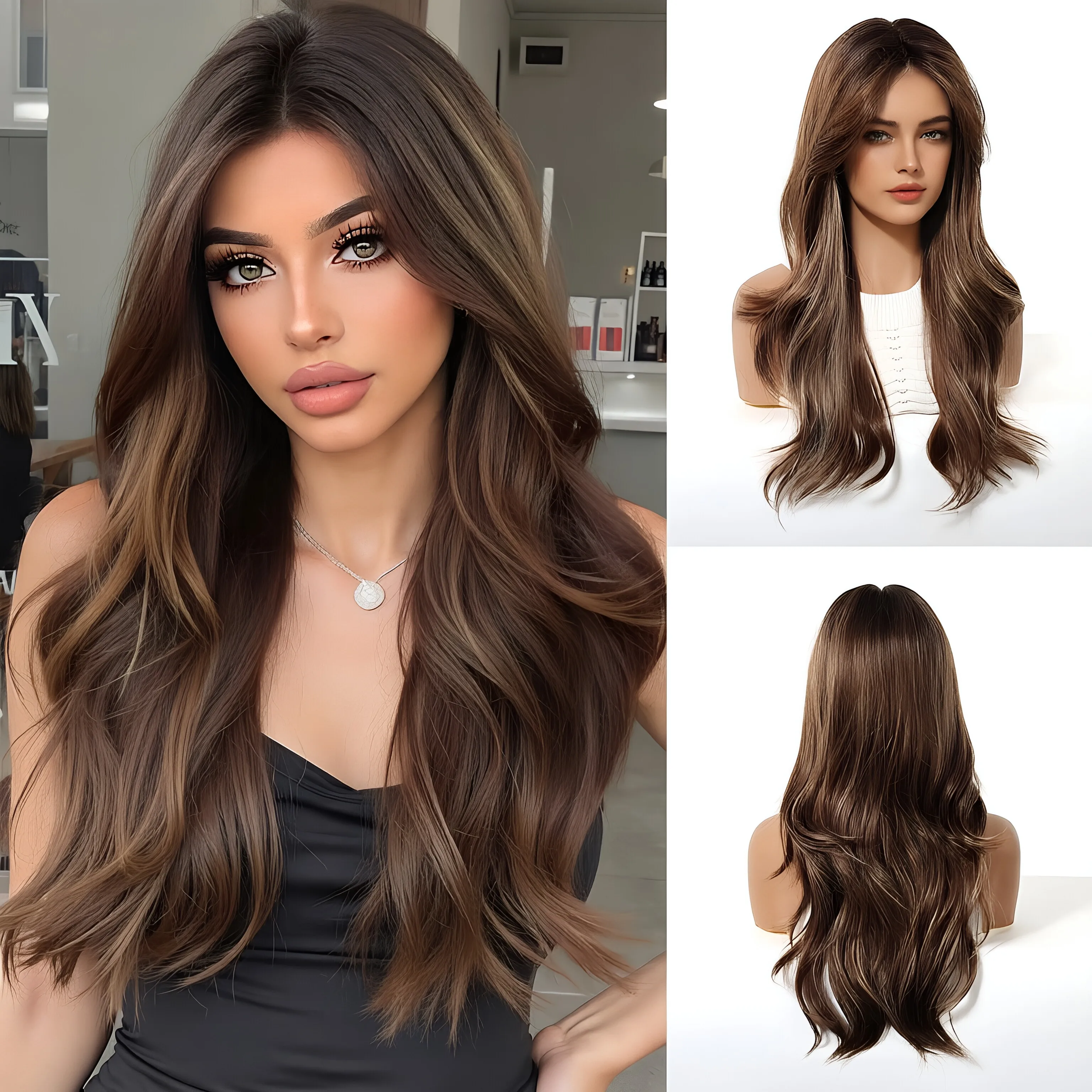 

Eight character bangs, slightly curled bangs, outward turning, women's synthetic full head wig, high-temperature silk