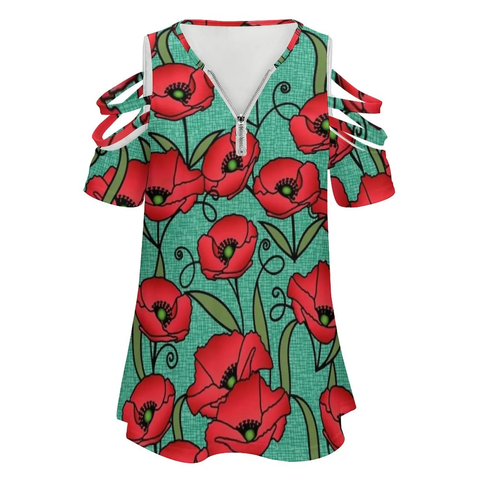 Aqua Poppy Floral New Fashion Zip Off Shoulder Top Short-Sleeve Women Shirt Poppy Floral Flowers Red Salmon Pink Coral