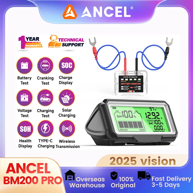 ANCEL BM200 PRO Battery Tester 12V Battery Health Analyzer Monitor Head-Up Display SOH SOC Tester IPX67 Waterproof