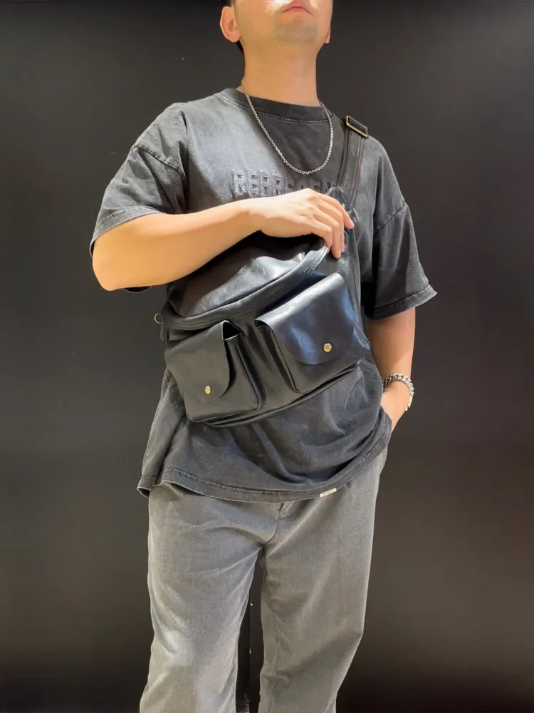 Vintage Fashion Male Chest Bag Casual Cowhide Genuine Leather Motorcycle Biker Shoulder Bags Pockets Riding Strap Crossbody Bags
