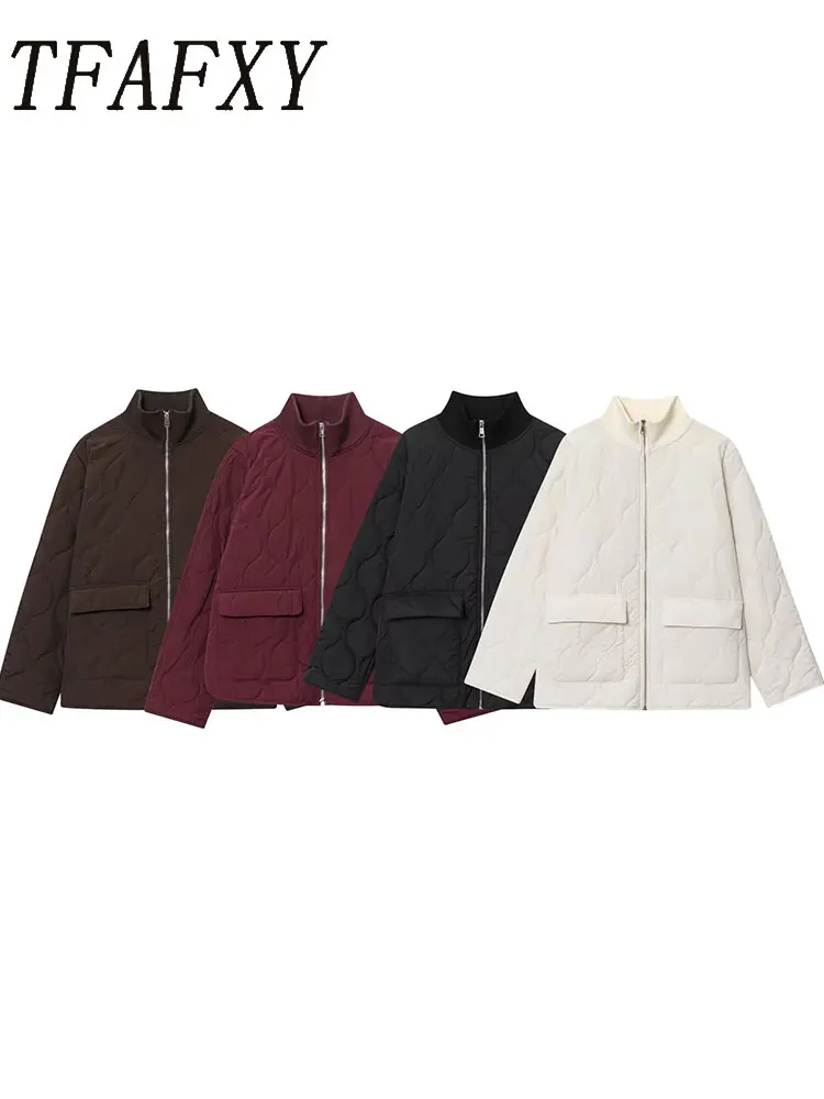 

TFAFXY Vintage Casual Chic Bomber Jacket Solid Zipper Pockets Long Sleeve Coats Fashion 2025 Autumn Winter Outwears