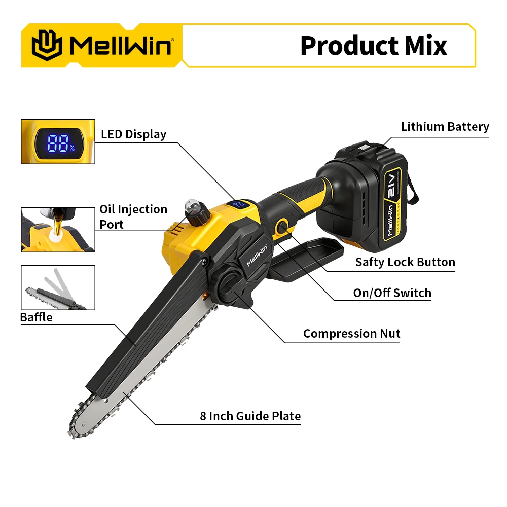 MELLWIN Electric Pruning Saw 8 Inch Brushless Automatic Oiler Garden Wood Cutting Logging Saw Tool for Makita 18V Battery Pin - Image 5