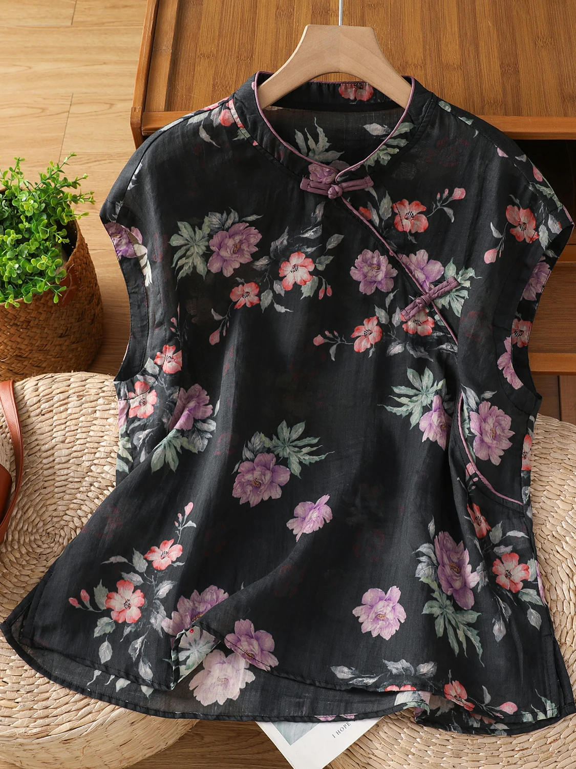 

Loose Fit Single Flax Shirt Women's plus Size Chinese Style Print Sleeveless Top Stand Collar Short Sleeve Floral Embroidery