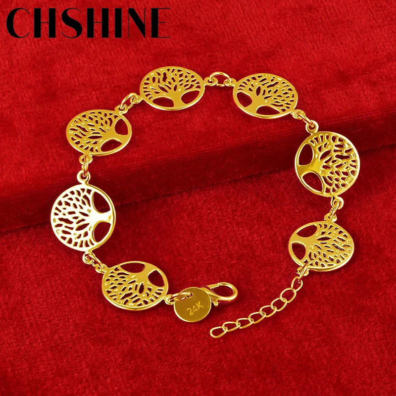 

CHSHINE 925 Sterling Silver Plated 18K Gold Round Tree of Life Chain Bracelet For Women Wedding Party Fashion Charm Jewelry