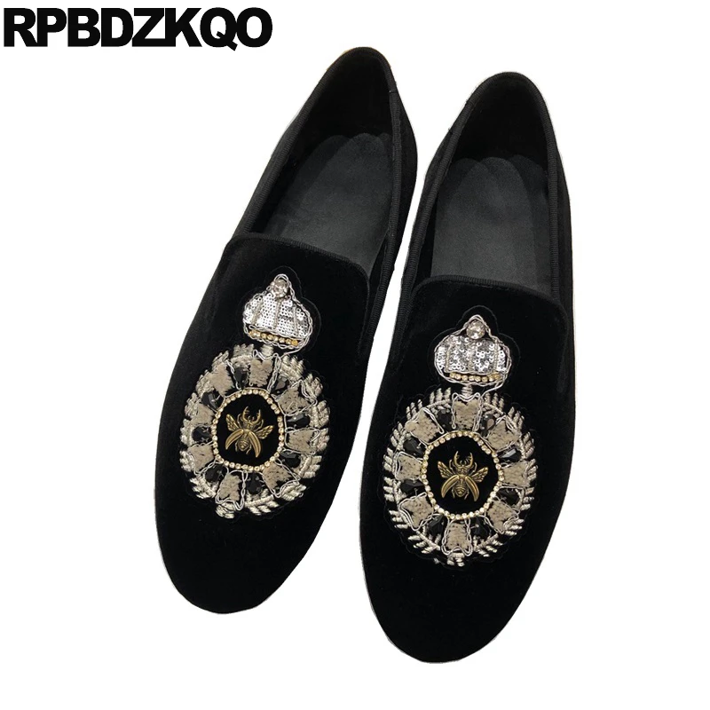 Large Size Animal Rhinestone 45 Round Toe Shoes Smoking Slippers Crown Sequin Slip On Crystal Embroided Men Flats Velvet Loafers