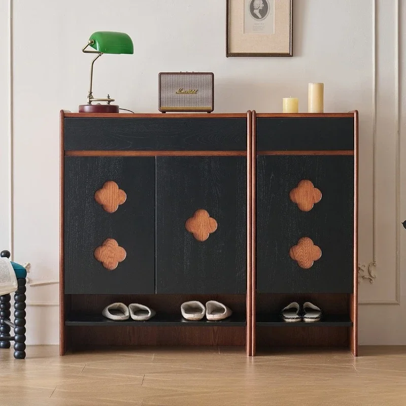 Mueble auxiliar de comedor de madera maciza de fresno retro francés, mueble de entrada en el vestíbulo, negro, almacenamiento medieval