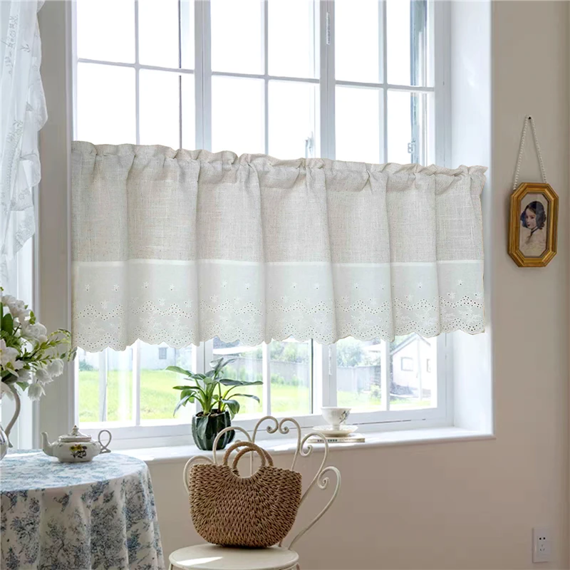 American Cotton and Linen Splicing Embroidered Lace Cafe Curtain Rod Pocket Short Drapes For Kitchen Door Farmhouse 1Piece