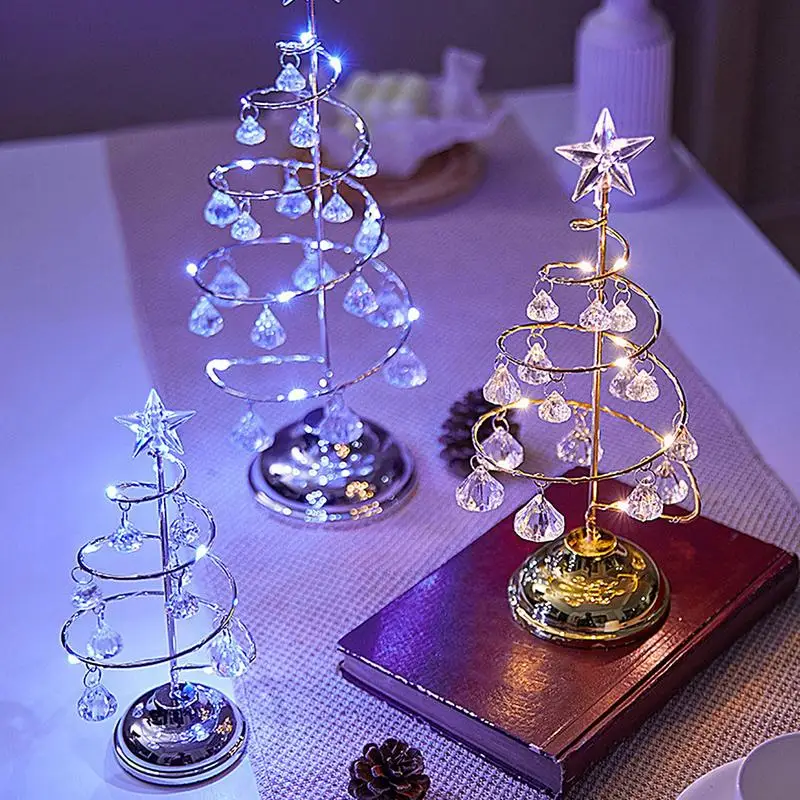 Crystal Light Up Christmas Tree Rotating Glitter Christmas Tree Desk Ornament Electroplating Iron Art Winter Festival Tree Night