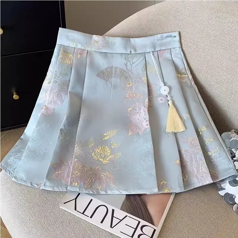 

Fashion A-Line Mini Skirt Women High-waisted Pleated Skirt Kawaii EmbroideryTennis Shorts Skirts Chinese Traditional Girl Skirts