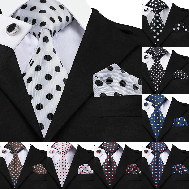 Hi-Tie Designer Polka Dot Ties 100% Silk Neckties for Men 8.5cm wide Business Wedding Ties Handkerchiefs Cufflinks Set