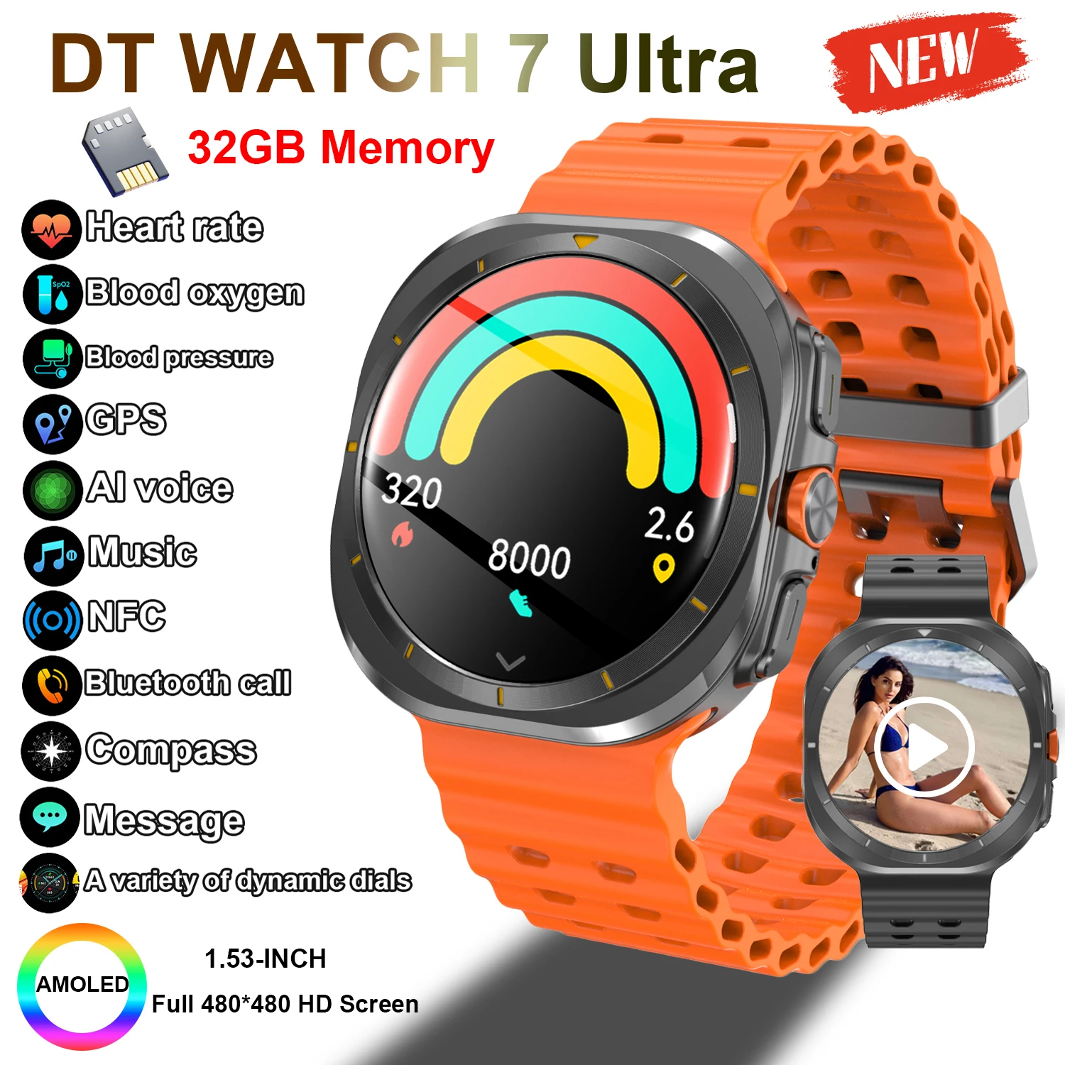 New WATCH 7 Ultra SmartWatch Men Women 480*480 HD Video Playing SmartWatch 32GB ROM Heart rate Compass NFC GPS Sports Smartwatch