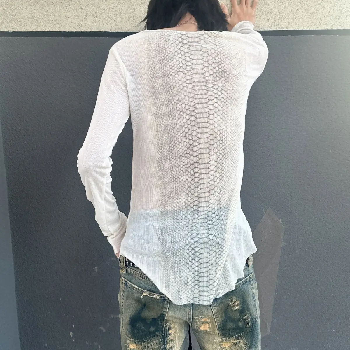 Y2K Snake Skin Print Sheer Mesh Long Sleeve Top Back Cross Slim Fitted Streetwear Grunge Aesthetic Going‑Out Blouse