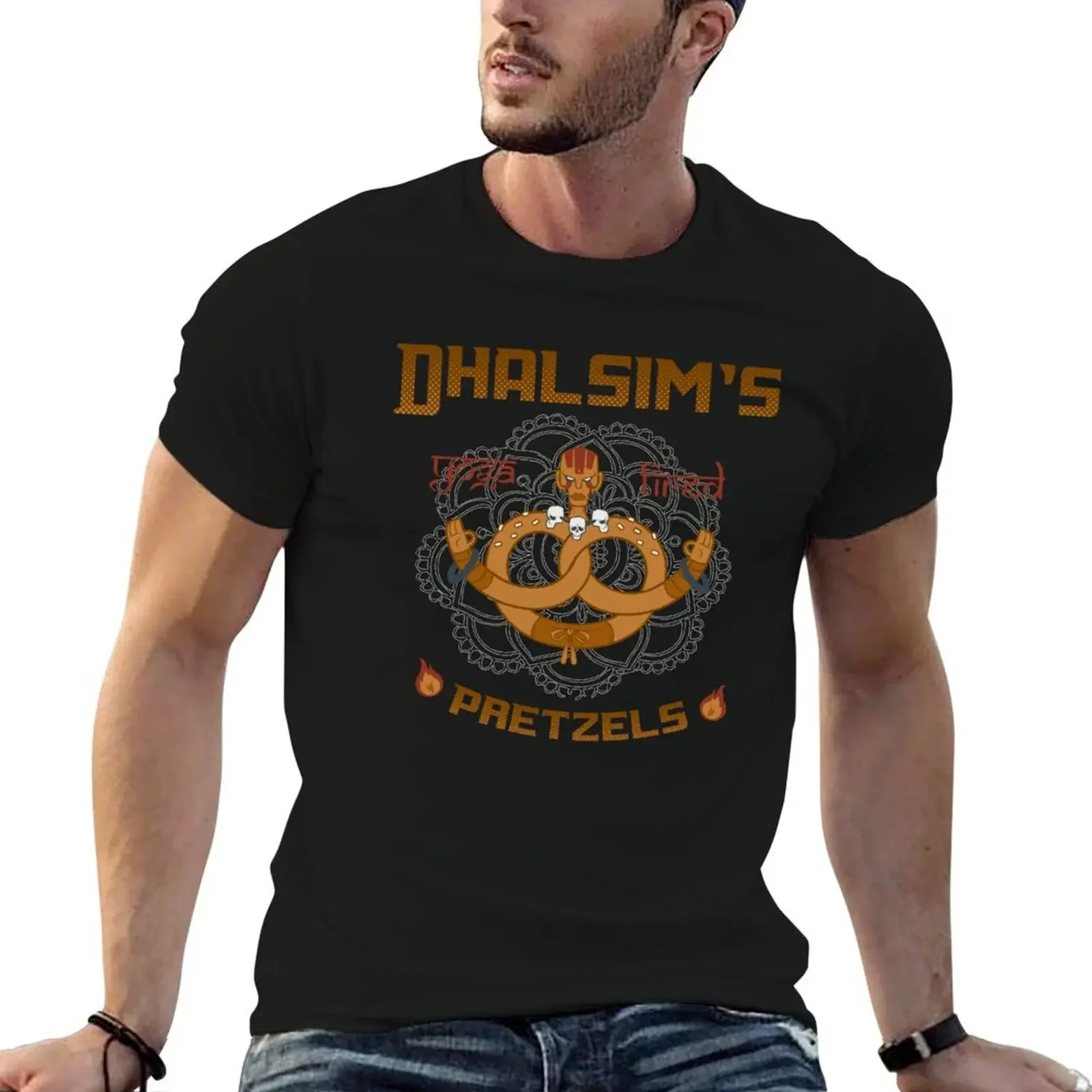 Street Vendor 2- Dhalsim's yoga fired Pretzels T-Shirt vintage t shirts man clothes mens tall t shirts