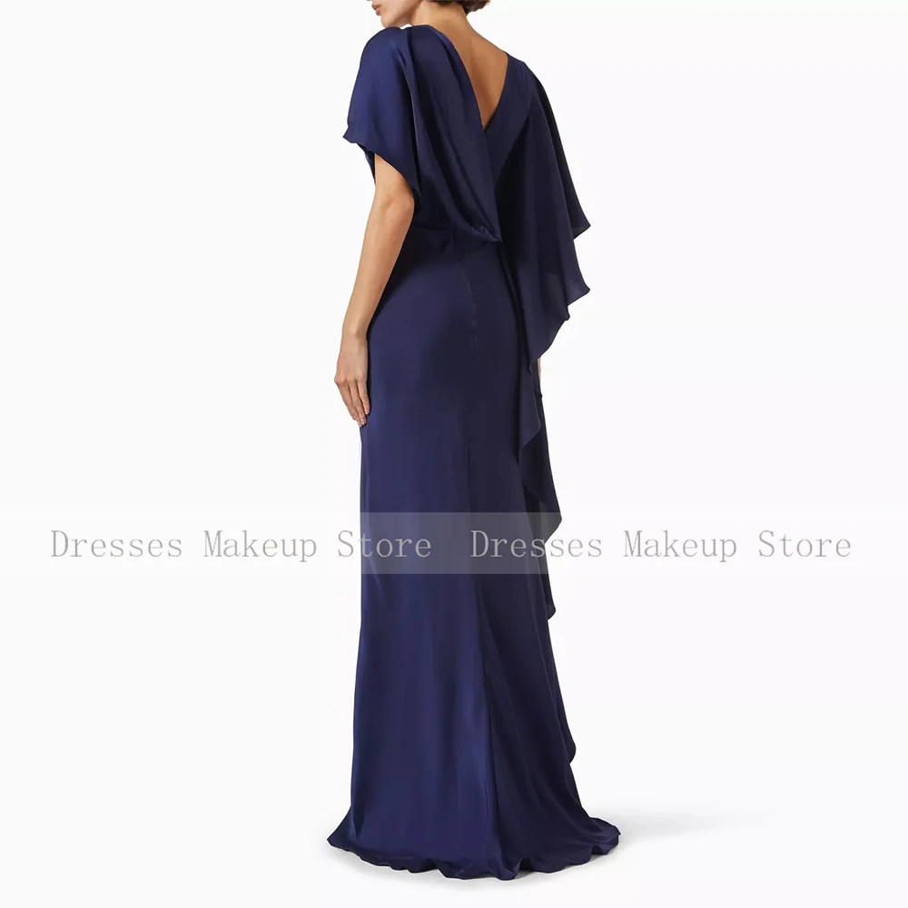 Elegant Evening Dress Navy Blue Satin Pleat Ruffles Women's Evening Gowns Mermaid O Neck Trumpet 2024 Wedding Guest Dresses Long image 2
