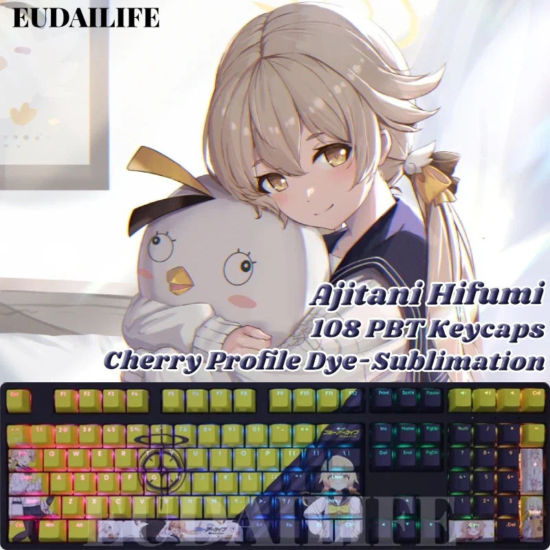 Ajitani Hifumi 108 Keycap Blue Archive PBT DYE Sublimation Light Transmitting Cherry Switch Cross Key Cover Mechanical Keyboard