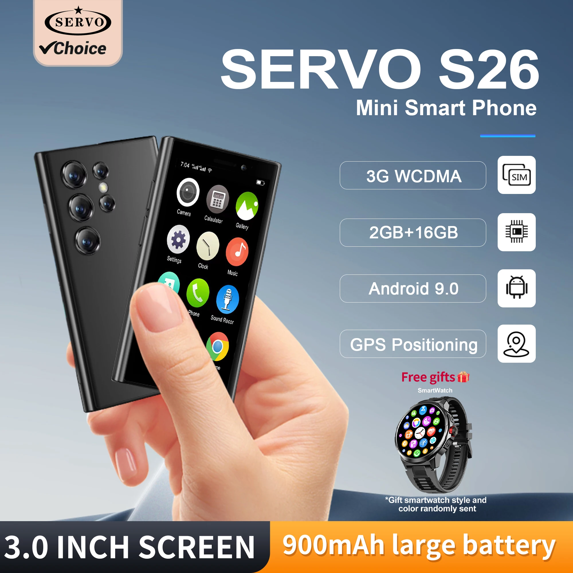 SERVO S26 Mini Pocket Smartphone 2GB+16GB 3G WCDMA Android 9.0 System WIFI Hotspot Face Unlock Dual SIM Small Palm Smart Phones
