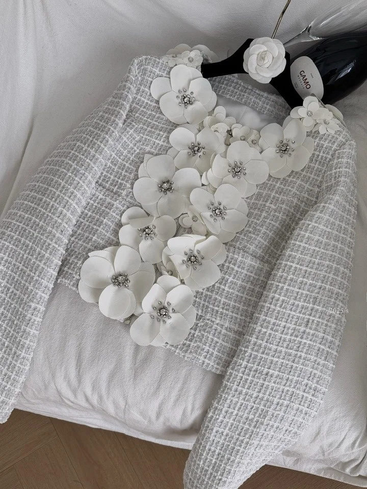 

Женский осенний модный универсальный твидовый топ Ele Heavy-Du со стразами и 3D цветочным принтом, оригинальный дизайн, облегающий крой