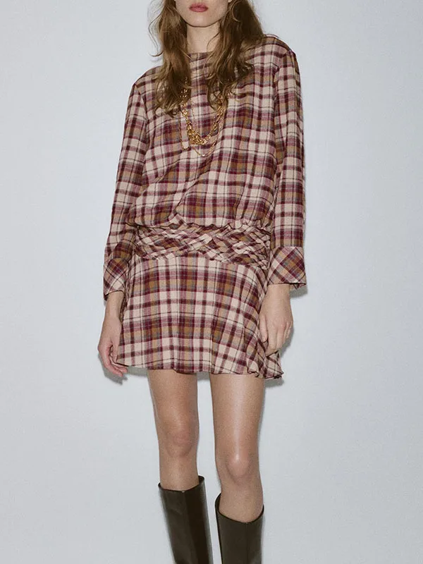 

ZBZR Quali Winter 2025 Women's round Ne Long Sve Plaid Dr Ele Classy Faionable Ladies' Clothing