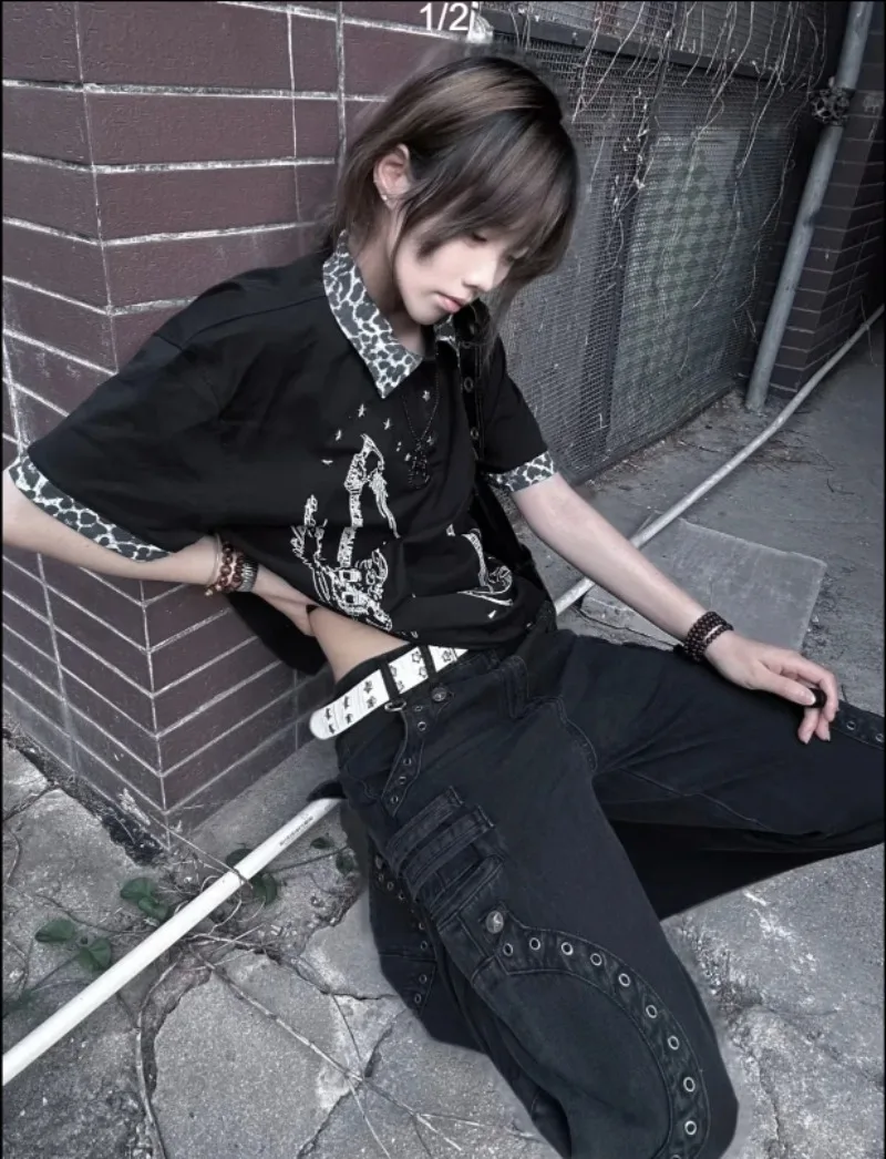 

Винтажная женская одежда с леопардовым принтом в американском стиле Constrast Y2k, свободные панк-японские модные футболки в стиле Харадзюку, универсальные топы