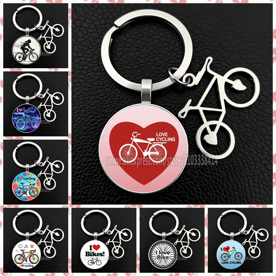 New I Love Cycling Keychain Fashion Bicycle Pattern Glass Keyring Cycling Activity Gift Wholesale