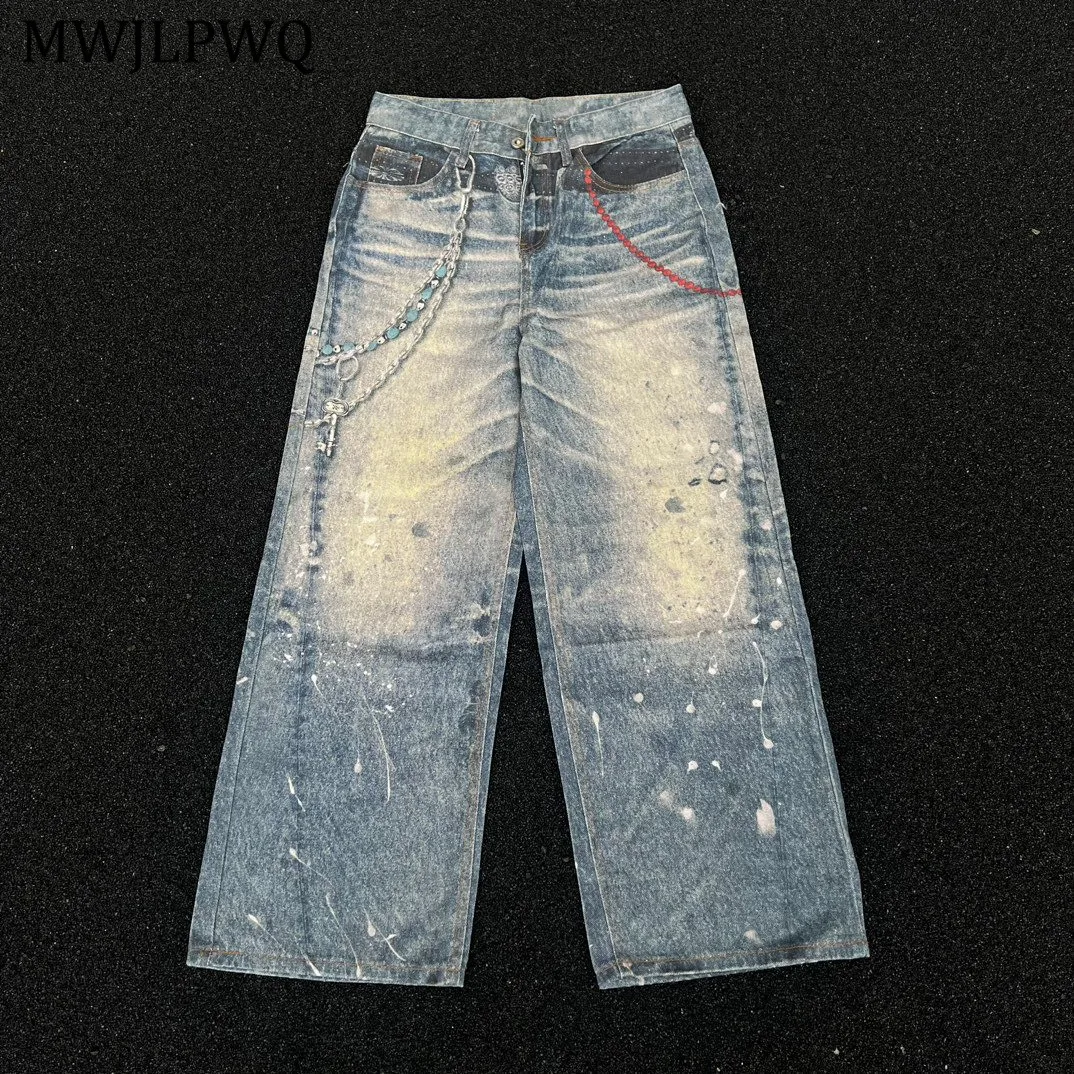 

MWJLPWQ Tide Style Ink Spray Graffiti Vintage Wide Leg Casual Jeans 3D Printing Niched Design Autumn Loose Straight Pants 11033