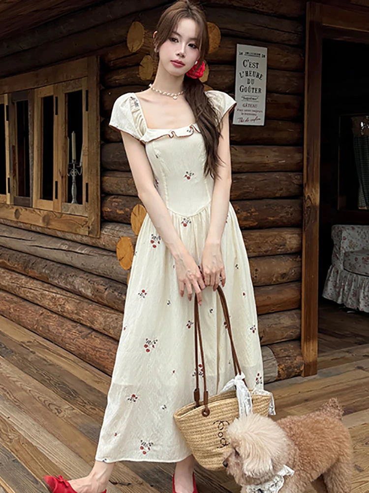 Summer Embroidery Floral Chiffon Long Dress Women Short Sleeve Ruffled Square Collar Home Dress 2026 Korean Elegant Casual Dress