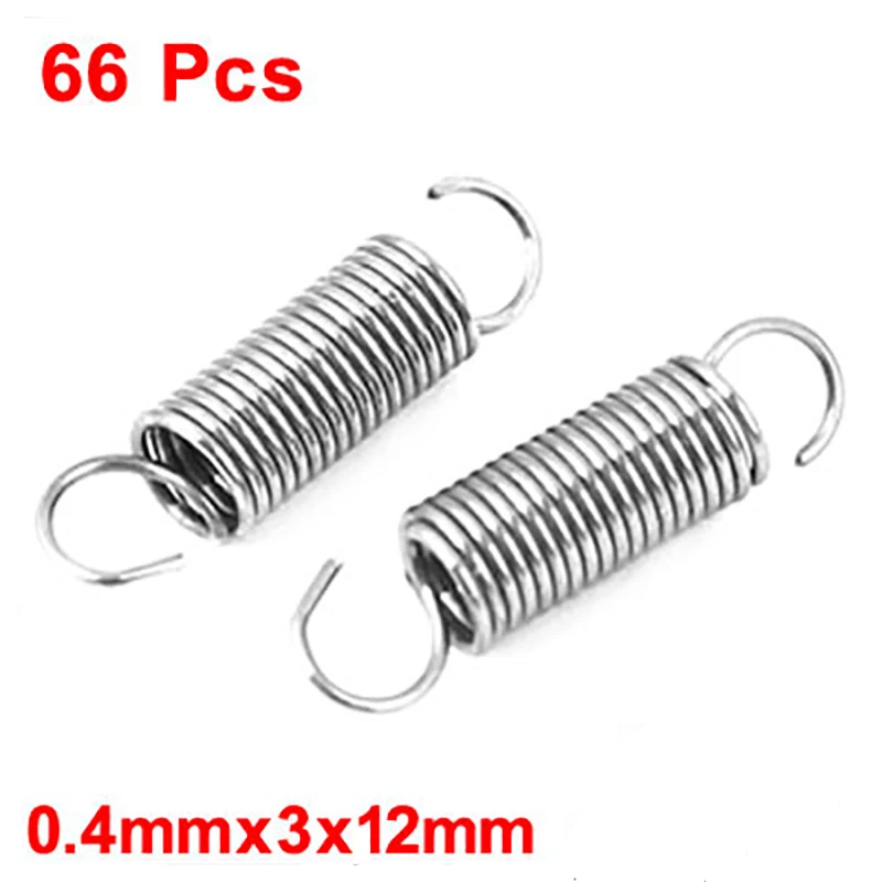 66pcs 0.4mmx3x12mm 304 Stainless Steel Dual Hook Small Tension Spring  for Marine Computer Electronics Automotive