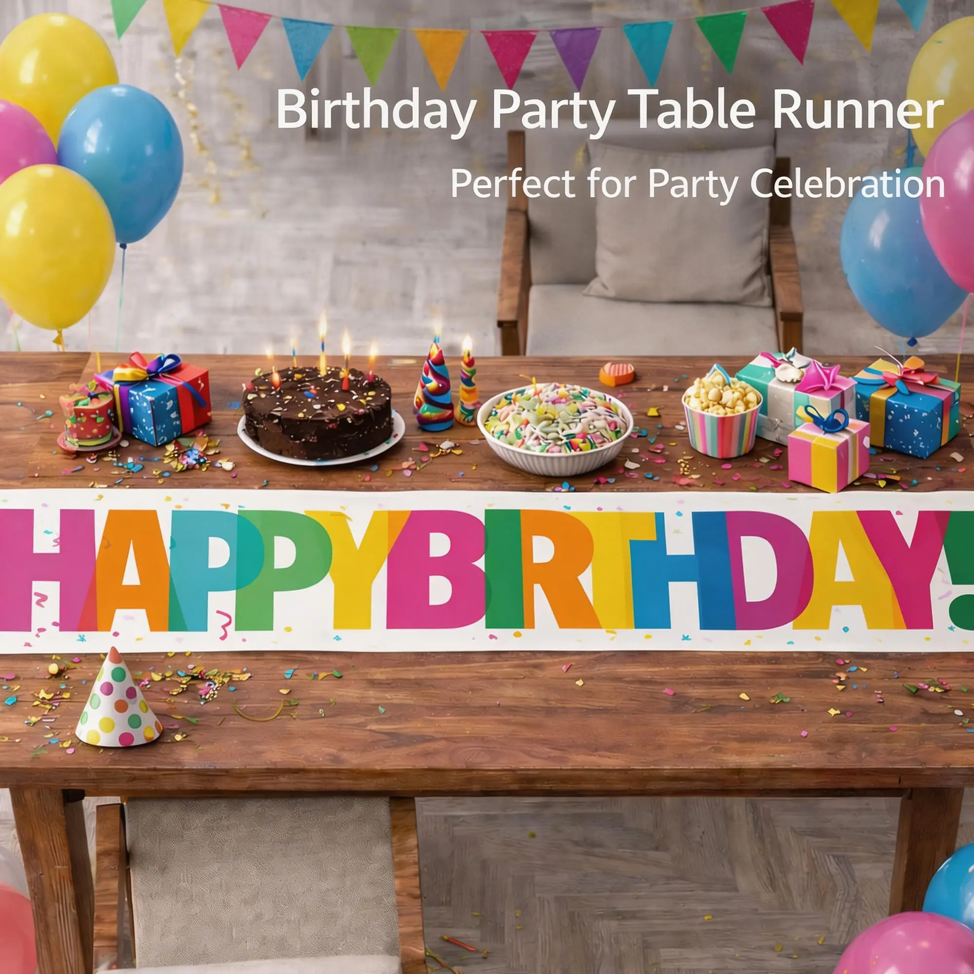 Happy Birthday Table Runner Colorful Letter Print Tablecloth, Birthday Party Table Decoration, Kids Adult Birthday Celebration