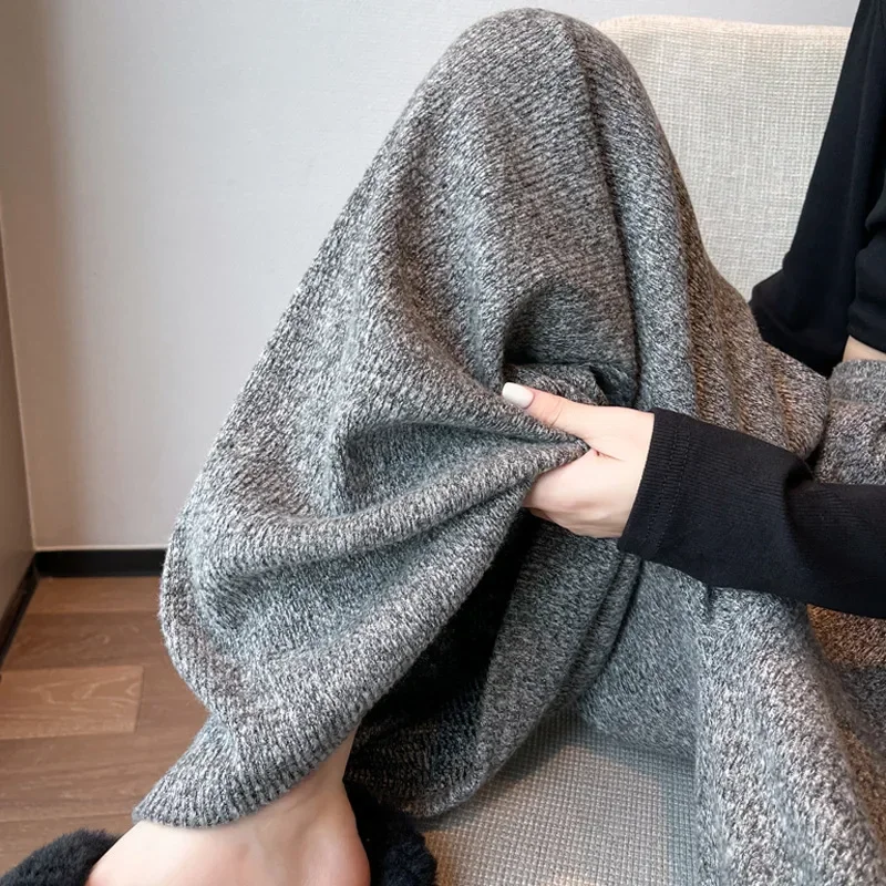 

Korean Style Grey Women's Pants Autumn Winter 2023 New Women's Casual Pants High Waist Knitted Wide Leg Pants Y2k Sweatpants