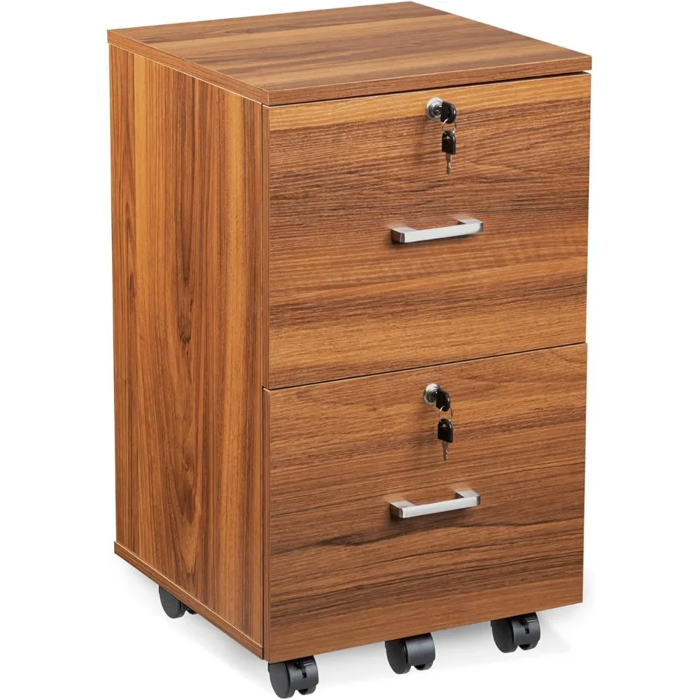 

2 Drawer File Cabinet with Lock, Wood Grain Walnut File Cabinet for Letter Size File Folders with Tabs, Under Desk Rollin