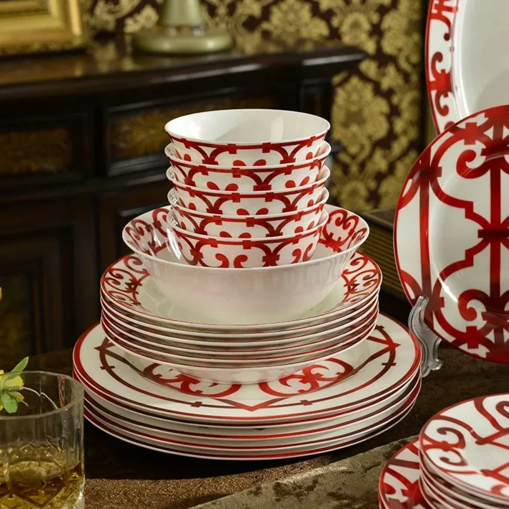 

Hot Selling 58 Pcs Nordic Red Railing Patterns Paper-cut Art Dining Room Sets Porcelain Dinnerware Sets