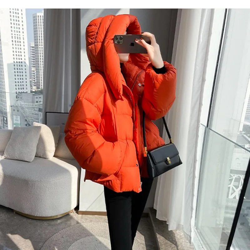 Orange Hooded Thick Down Jacket Women's 2025 Winter New Korean 90 White duck down Warm Coat Female Loose Short Casual Outwear