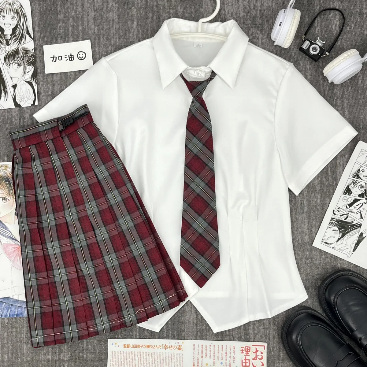 Japanese Style Burgundy Plaid Pleated Skirt&Waist Shirt,Slim JK Two‑Piece Set School Uniform for Campus Daily Graduation Wear