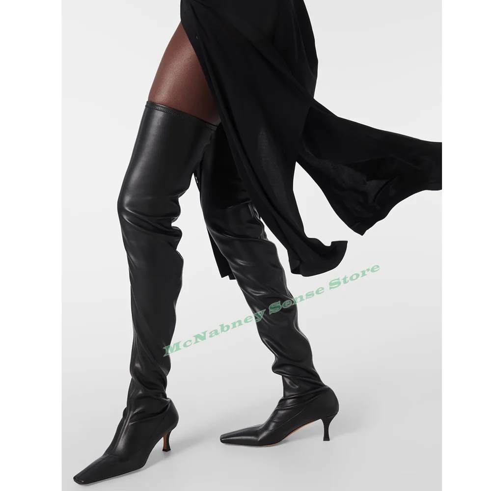 Square Toe Thin Boots Elastic Fitted Thigh High Boots Solid Leather Thin Med Heels Women Sexy Designer Party Shoes Big Size New