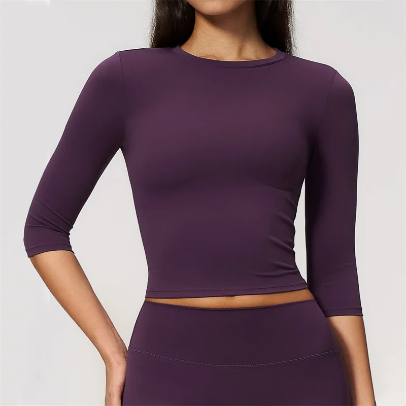 TRY TO BN Yoga Mid Sleeve T-shirt Gym Top Woman Round Neck Sports Fitness Breathable Versatile Training Running Workout Clothing