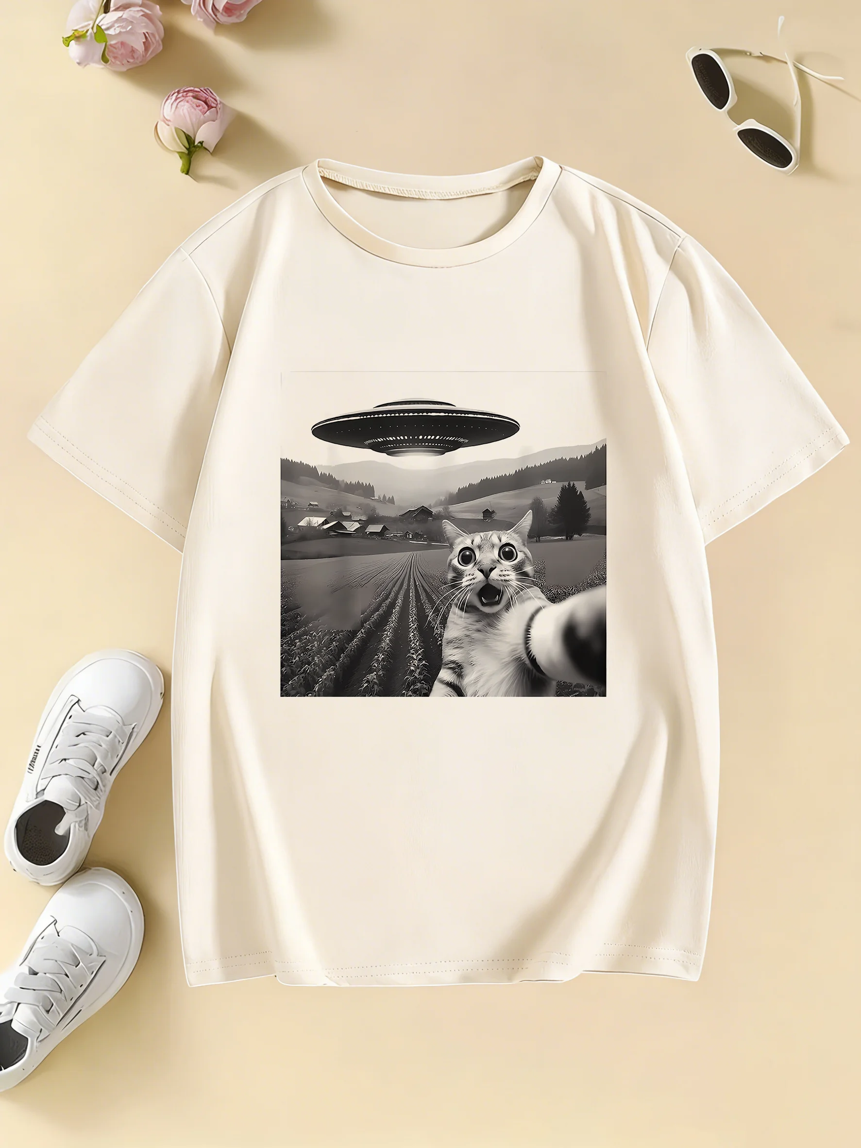 Funny Casual Ufo Cat Kawaii Design Print T Shirts Kids Children's T-shirt Anime Boys Girls Summer Spring Casual Top Tee
