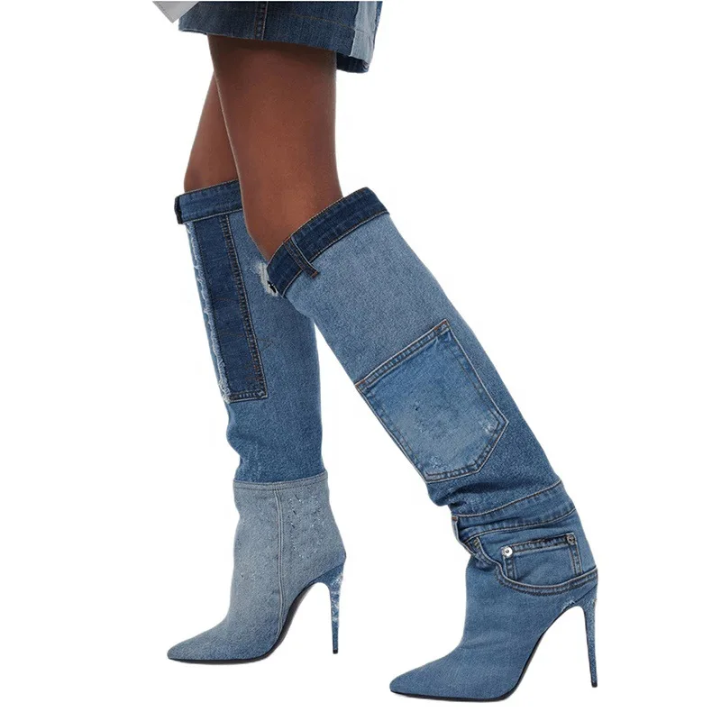 Denim Pointed Toe Belt Buckle Oner-The-Knee Women Boots Stiletto High Heels Buckle Strap Design Large Size Shoes