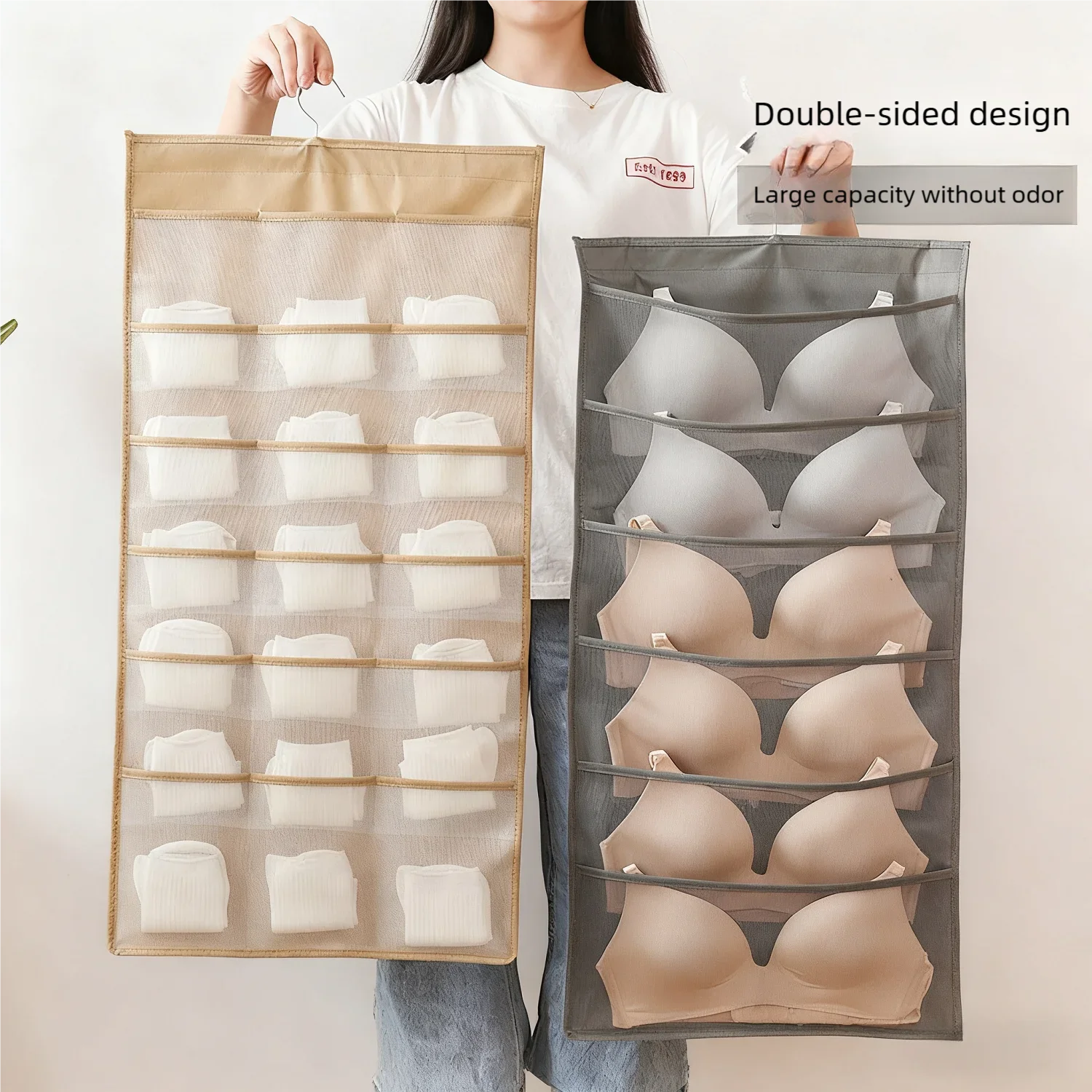 2-sided 36 grids Hanging Storage Bag Underwear Socks Bras Home Use Wardrobe Hanging Bag Pink Grey Beige Modern Simple Style