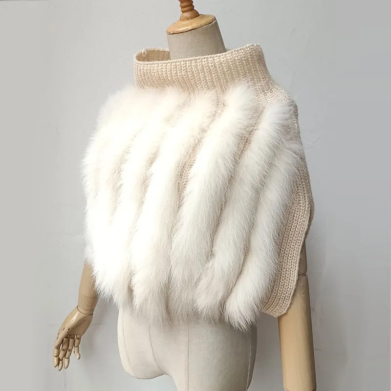 Women Fox Fur Striped Knitted Shawl  Turtle neck Fashion Warm Autumn Knitted Real Fur Poncho